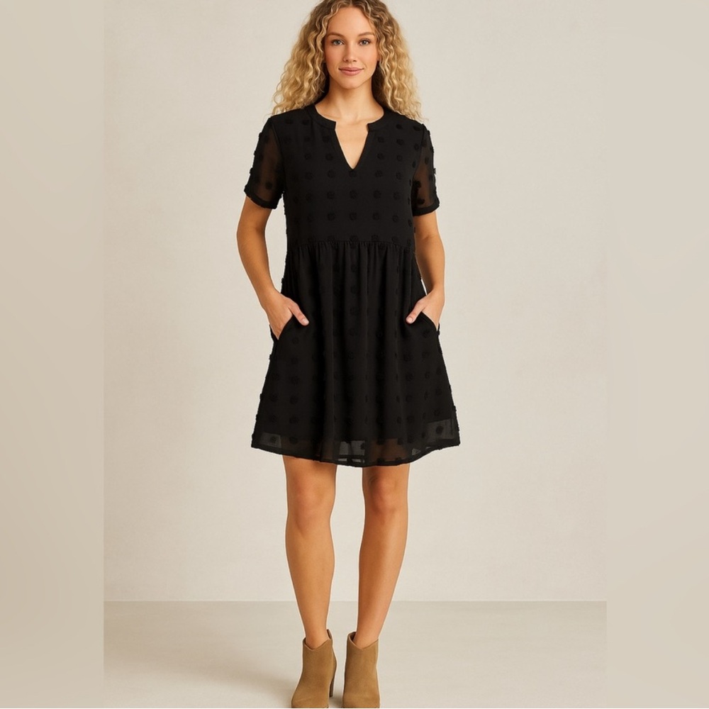 MIHOLL Black Swiss Dot Sheer Babydoll Dress with Pockets Size M